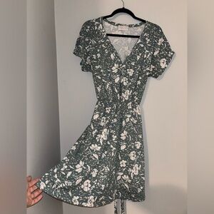 French Grey Soft Floral Teal Midi Dress Ruffle Sleeve and Tie